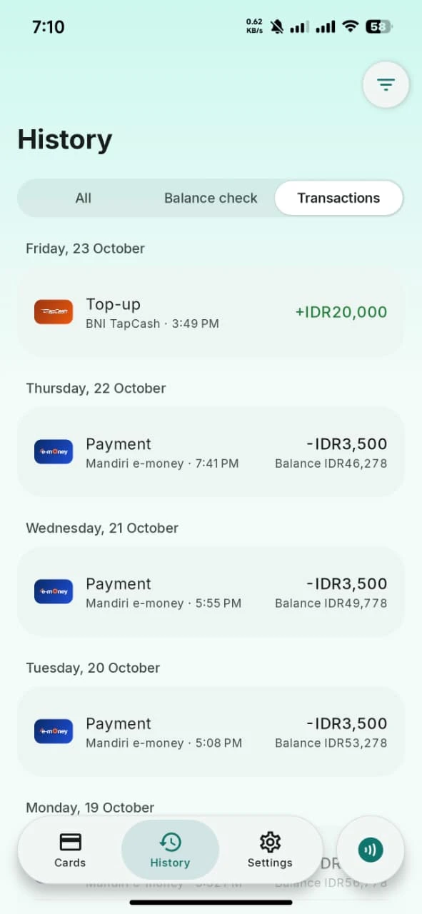 Riwayat transaksi kartu, nominal, dan tanggal pada TapCard Android