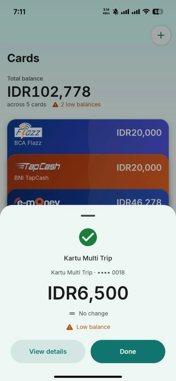 Hasil pemindaian kartu dengan saldo terbaru pada TapCard Android