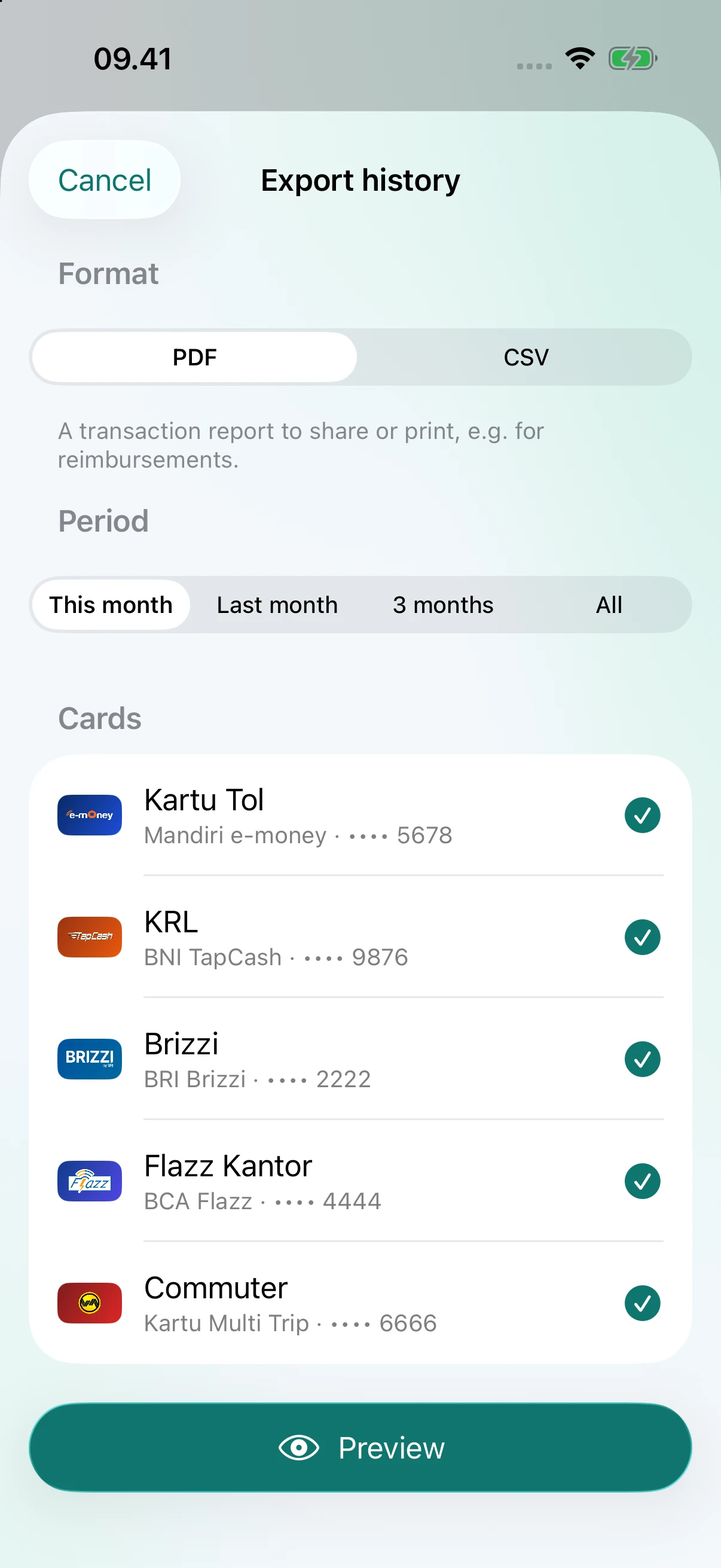 PDF or CSV format, date range, and card selection for exporting history on iOS