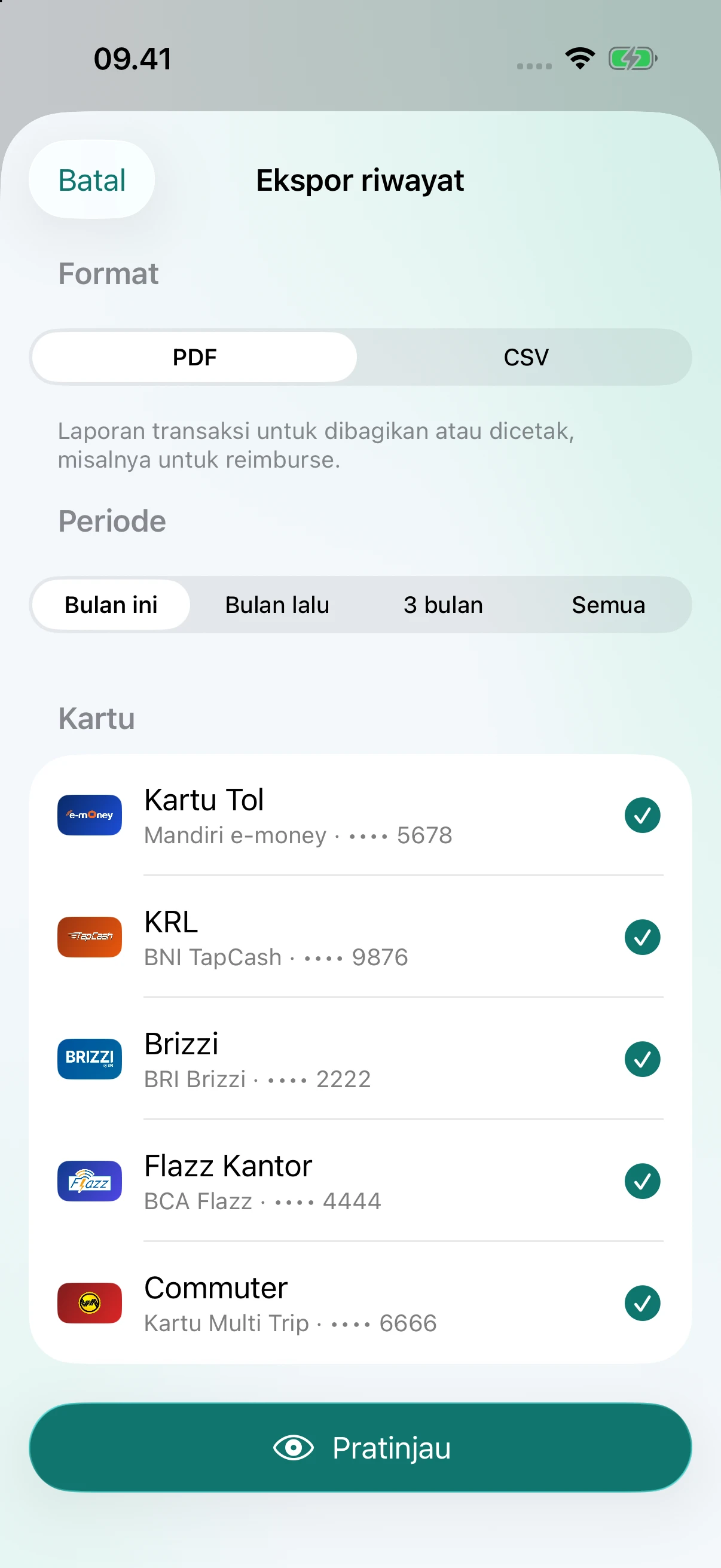 Pilihan format PDF atau CSV, periode, dan kartu untuk ekspor riwayat pada iOS