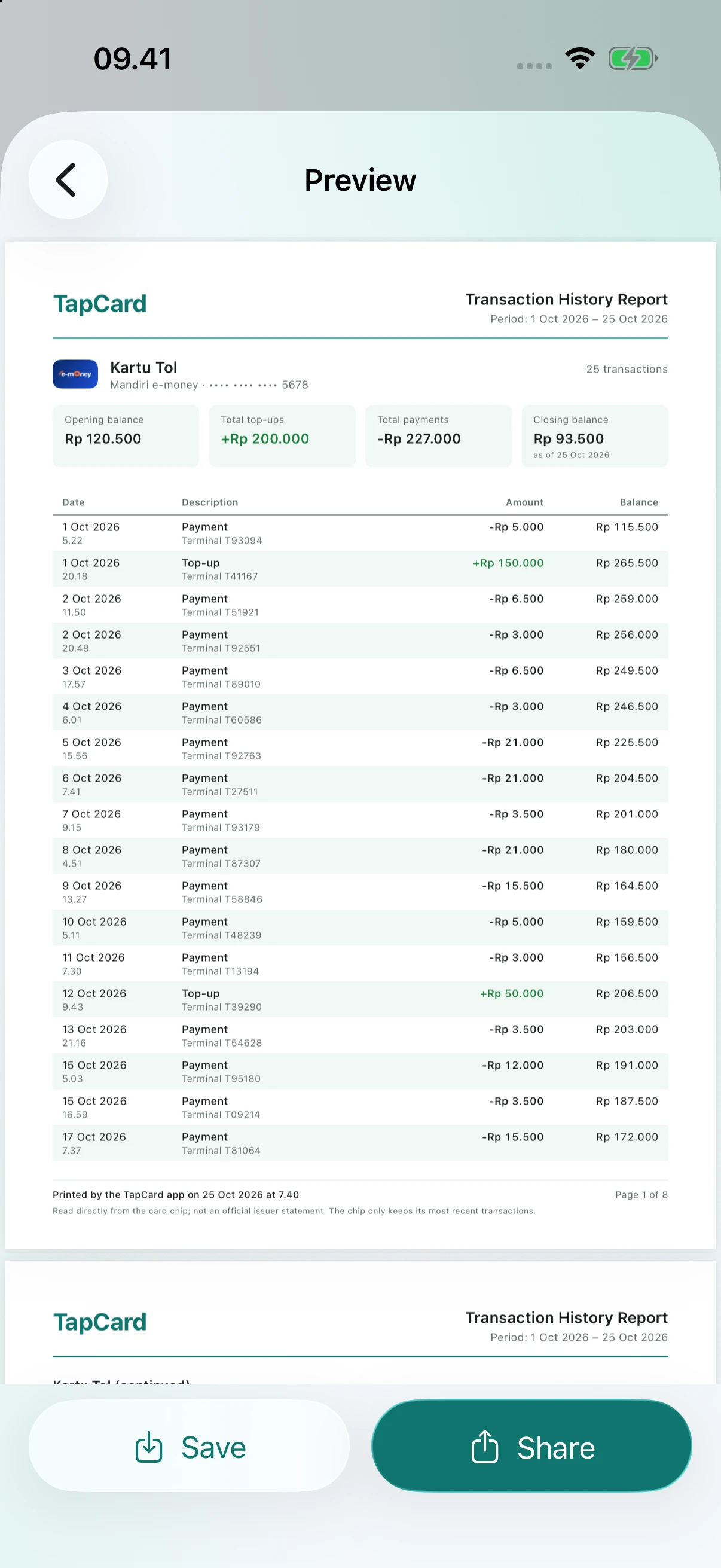 A PDF transaction report preview with save and share options on iOS